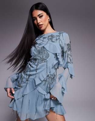Asos Design Raw Edge Ruffle Embellished Mini Dress With Open Back In Blue