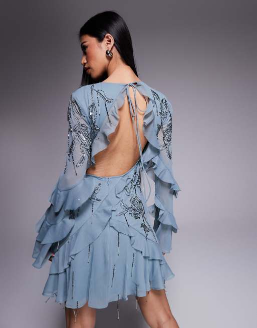 ASOS DESIGN raw edge ruffle embellished mini dress with open