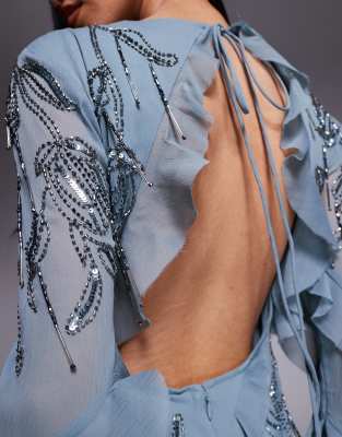 asos design raw edge ruffle embellished mini dress with open back in blue