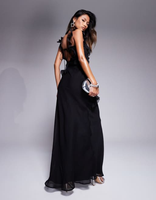 ASOS DESIGN raw edge ruffle maxi dress with tie back in black | ASOS