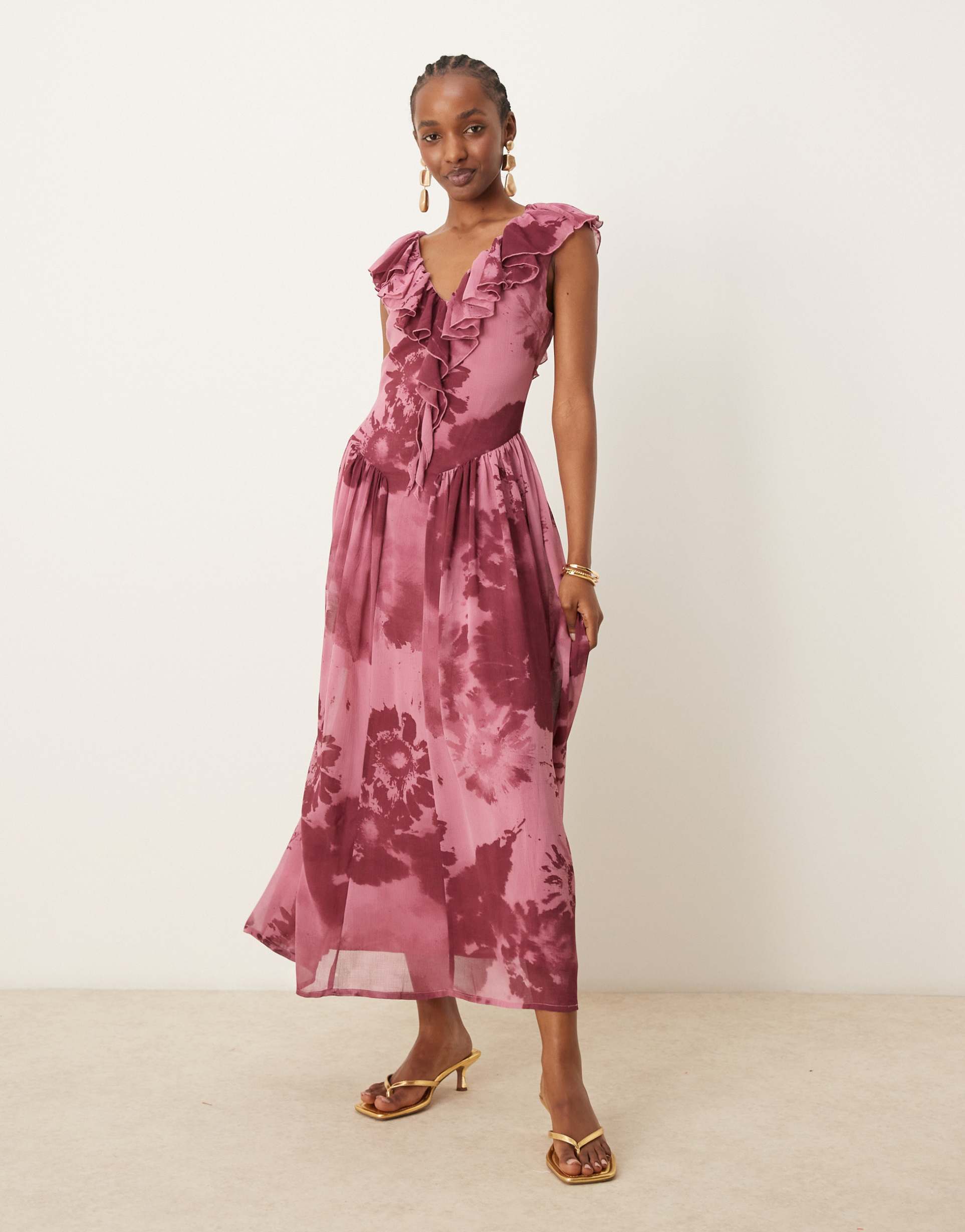 asos design raw edge ruffle tendril midi dress with angled skirt in print