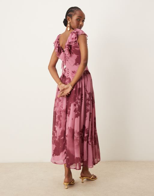 ASOS DESIGN Raw edge ruffle tendril midi dress with angled