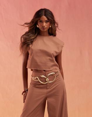 ASOS DESIGN raw edge shell top with linen look in mocha (part of a set)
