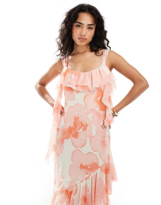 ASOS DESIGN raw edge tendril midi dress with double layer frill hem in watercolor floral
