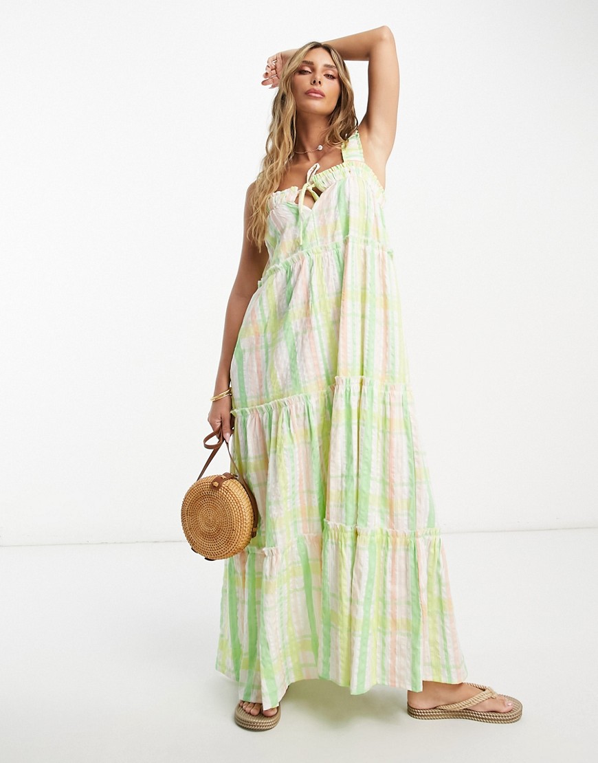ASOS DESIGN raw edge tiered maxi sundress with tie detail in green check-Multi