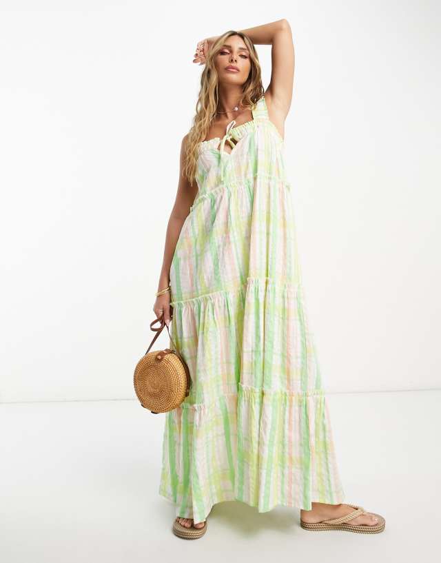 ASOS DESIGN raw edge tiered maxi sundress with tie detail in green check