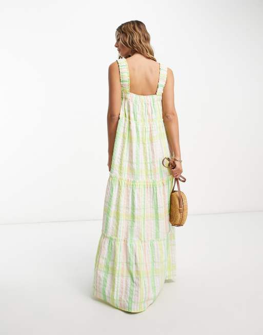 ASOS DESIGN raw edge tiered maxi sundress with tie detail in green check, 2 of 4