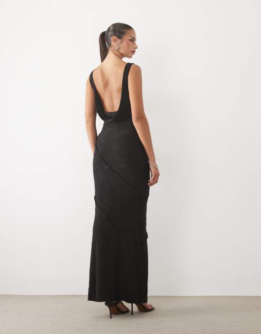ASOS DESIGN raw seam cowl back devore maxi dress in black, 4 of 4