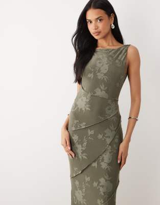 Asos Design Raw Seam Cowl Back Devore Maxi Dress In Green