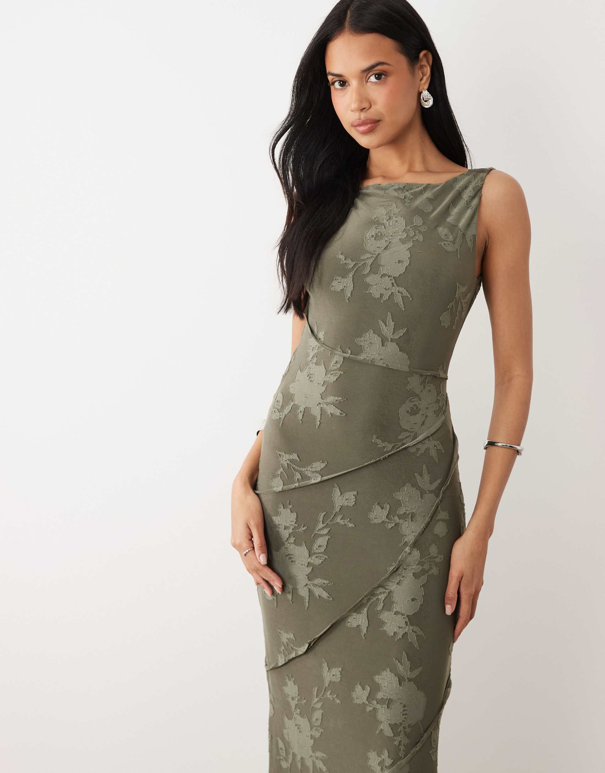 asos design raw seam cowl back devore maxi dress in green