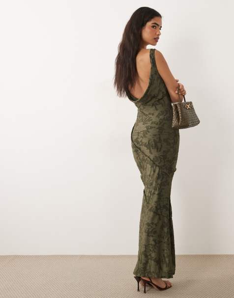 ASOS DESIGN raw seam cowl back devore maxi dress in green - view 1