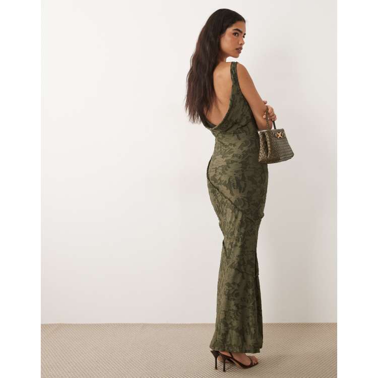 ASOS DESIGN raw seam cowl back devore maxi dress in green | ASOS