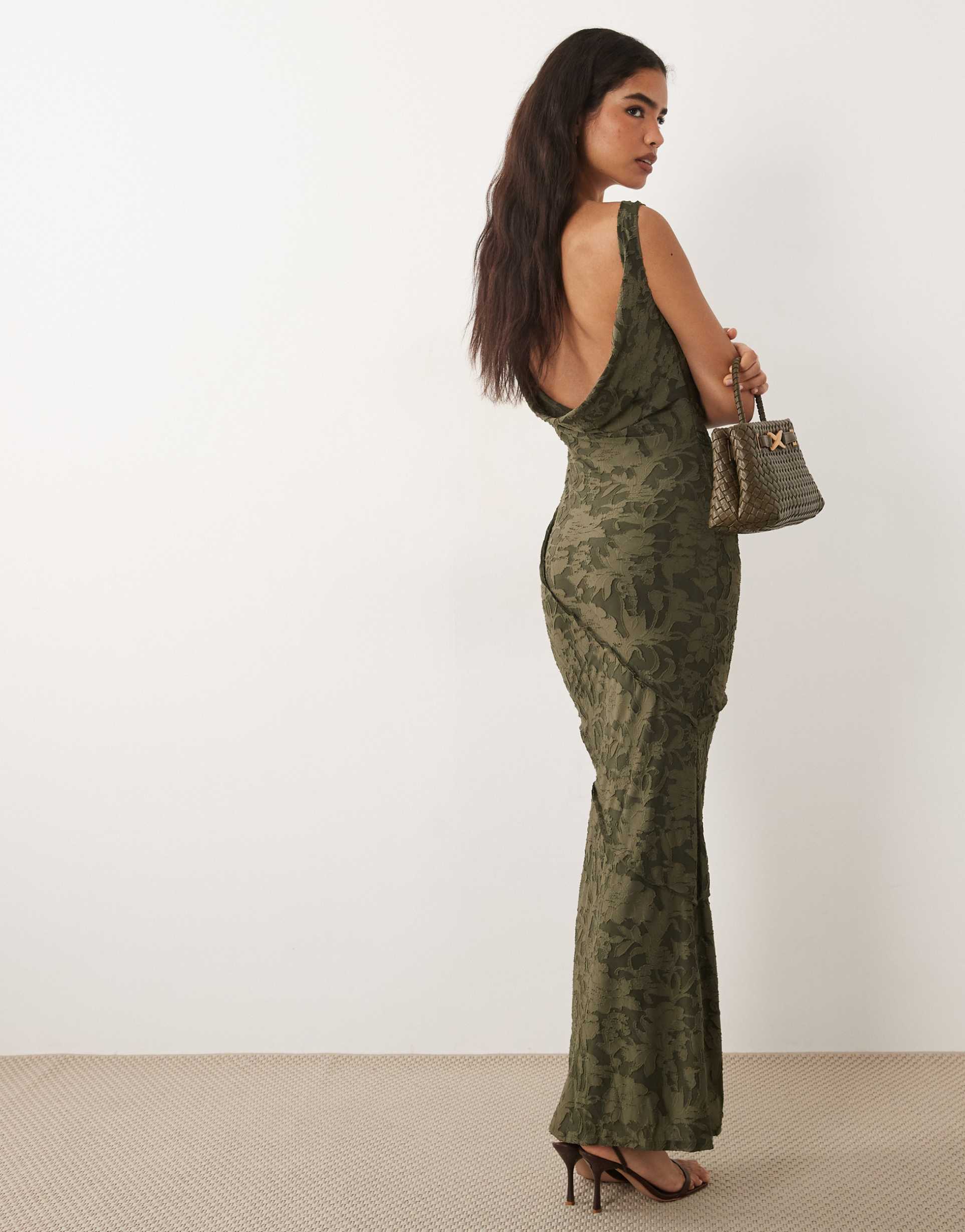 asos design raw seam cowl back devore maxi dress in green