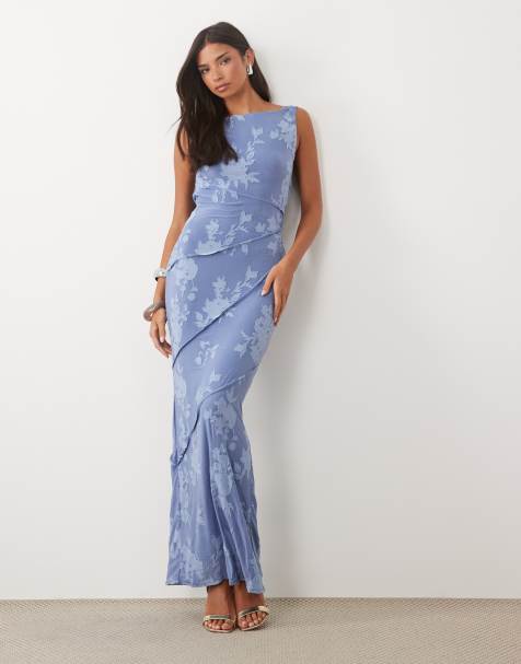 ASOS DESIGN raw seam cowl back devore maxi dress in light blue - view 1