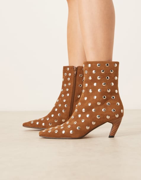 ASOS DESIGN Raye studded chisel toe ankle boots in tan suedette - view 1