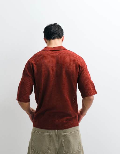 ASOS DESIGN - Rød afslappet trøje i strik i fodboldstil og hak i halsen samt broderi, 5 af 9