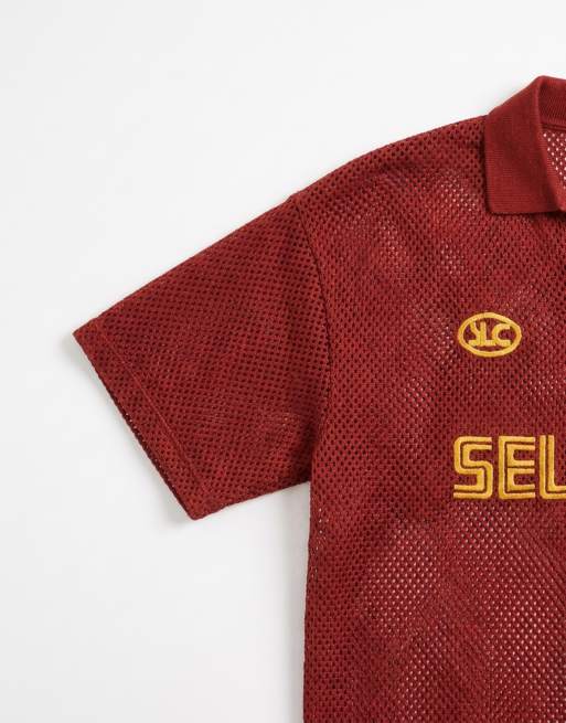 ASOS DESIGN - Rød afslappet trøje i strik i fodboldstil og hak i halsen samt broderi, 8 af 9