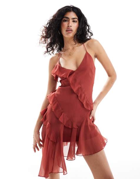 ASOS DESIGN - Rød asymmetrisk cami-minikjole med flæser - view 1