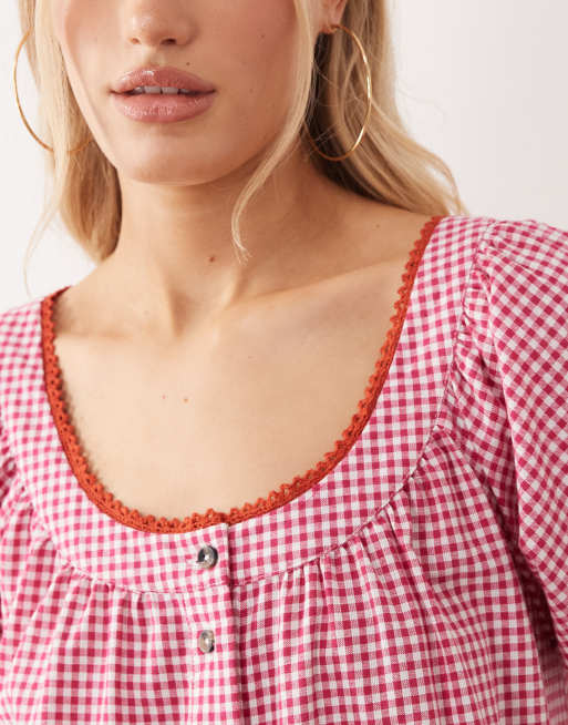 ASOS DESIGN - Rød babydoll-minikjole med knapper og gingham-tern, 3 af 4