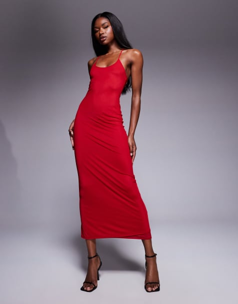 ASOS DESIGN - Rød cami-midikjole med ekstra dyb rund hals i mesh - view 1
