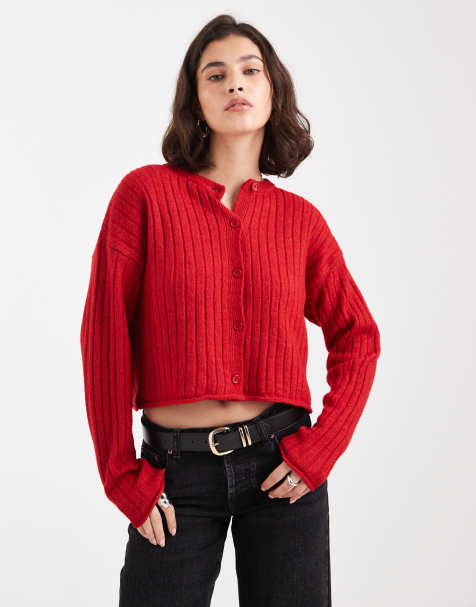 ASOS DESIGN - Rød cardigan i bred ribstrik med rullekant - view 1