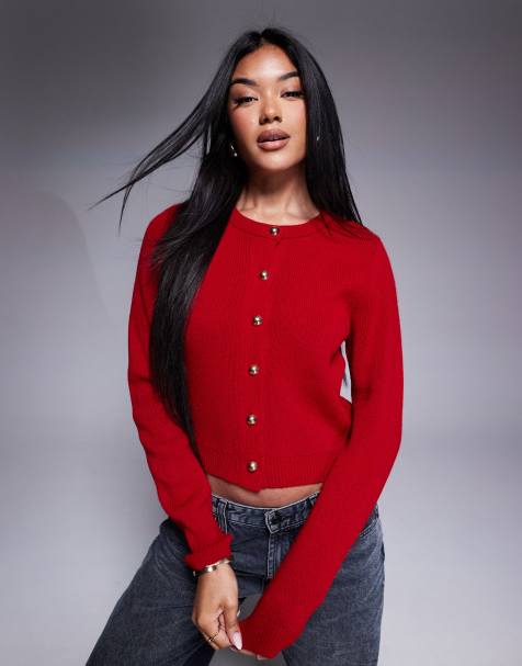 ASOS DESIGN - Rød cardigan med guldfarvede knapper i kompakt strik - view 1