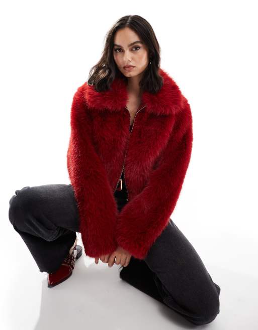 ASOS DESIGN - Rød cropped bomber-jakke imiteret pels, 3 af 4