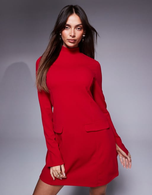 ASOS DESIGN - Rød højhalset minikjole i scubalignende materiale med lommedetalje, 4 af 4
