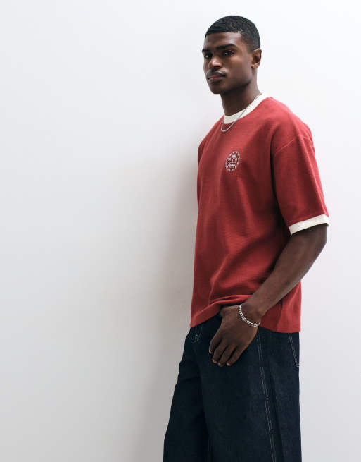 ASOS DESIGN - Rød kraftig oversized T-shirt med grafik på brystet og vaffeltekstur, 3 af 5