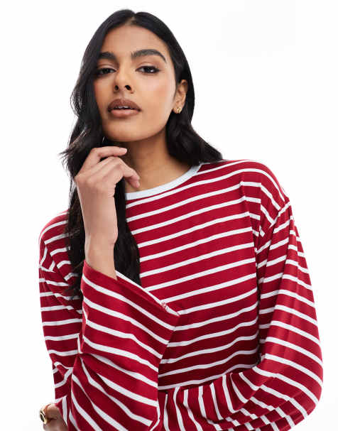 ASOS DESIGN - Rød langærmet top med kontraststriber og pyntekant i halsen - view 1