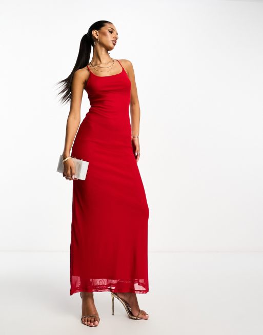 ASOS DESIGN - Rød maxikjole i mesh med cami-stropper og stropper på kryds på ryggen