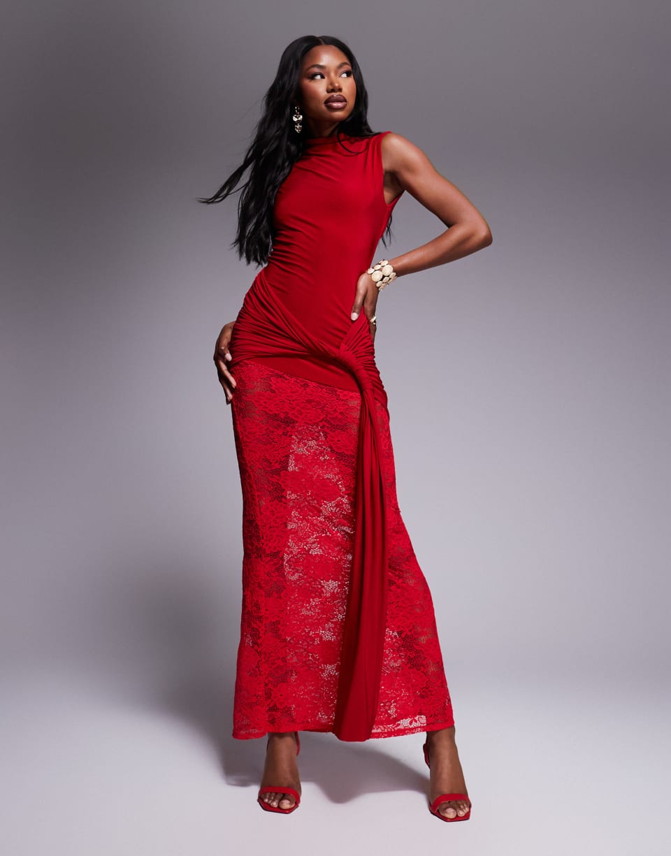 Red lace maxi dress