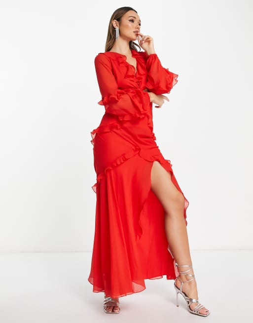 ASOS DESIGN - Rød maxikjole med snoet talje, udskæring og flæser, 3 af 4
