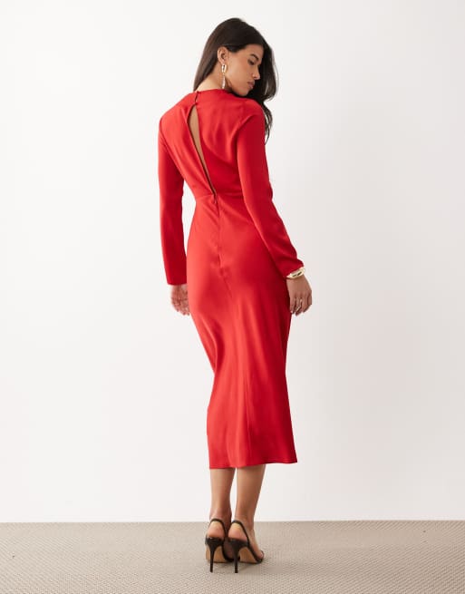 ASOS DESIGN - Rød midikjole med høj hals, lange ærmer og plisseret livstykke, 3 af 4