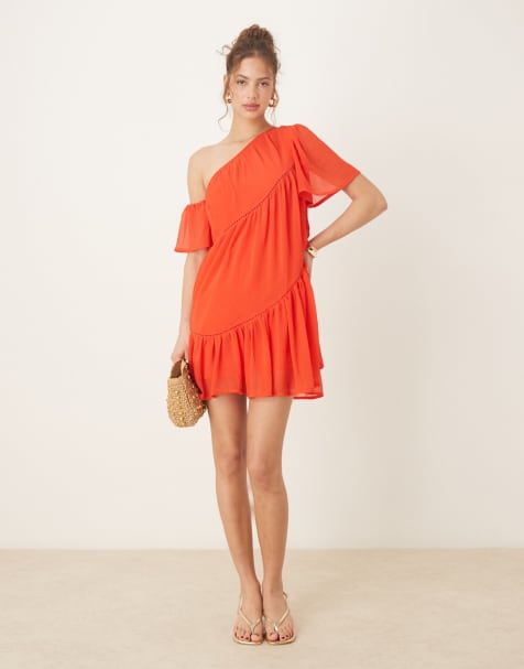ASOS DESIGN - Rød mini-kittelkjole i chiffon med oneshoulder-design og hulmønster - view 1