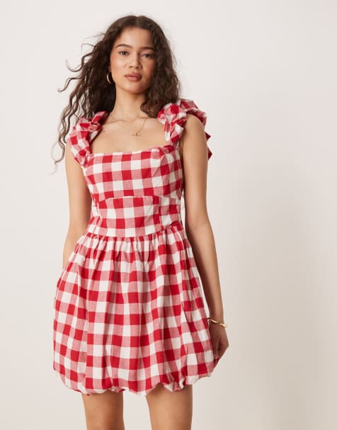 ASOS DESIGN - Rød mini-smockkjole med firkantet hals og boblekant samt ginghamtern - view 1