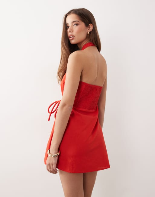 ASOS DESIGN - Rød mini-sommerkjole i bomulds-/hørblanding med halterneck og slå om-design, 4 af 4
