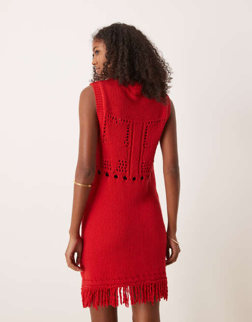 ASOS DESIGN - Rød minikjole med frynser og hulsyede detaljer, 2 af 4