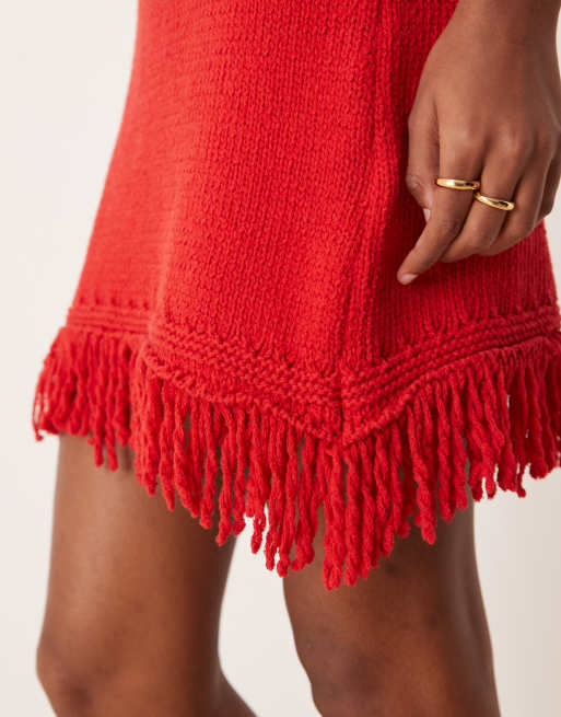 ASOS DESIGN - Rød minikjole med frynser og hulsyede detaljer, 3 af 4