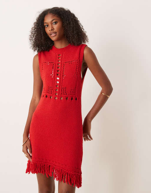 ASOS DESIGN - Rød minikjole med frynser og hulsyede detaljer, 4 af 4