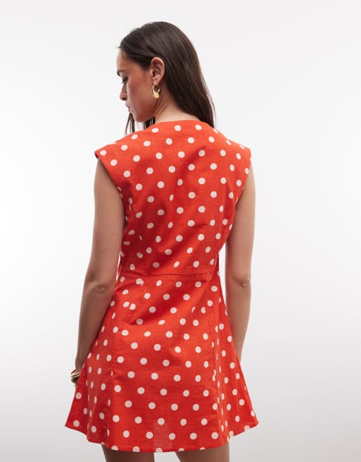 ASOS DESIGN - Rød minikjole med polkaprikker og firkantet hals samt knapper , 4 af 4