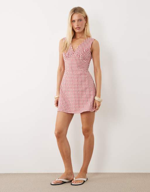 ASOS DESIGN - Rød minikjole med V-hals og gingham-tern, 2 af 4