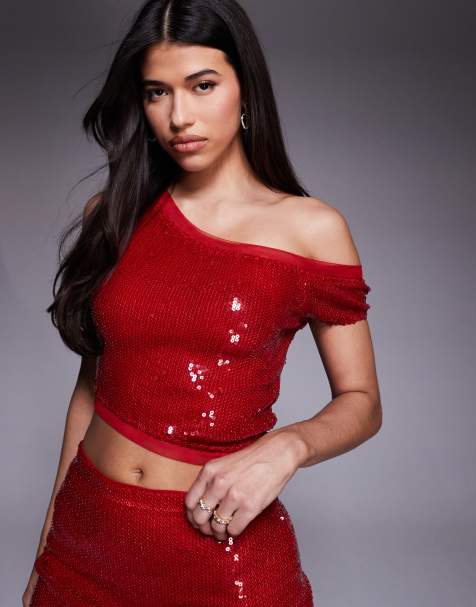 ASOS DESIGN - Rød offshoulder-top i mesh med pailletter og asymmetrisk snit - Del af sæt - view 1
