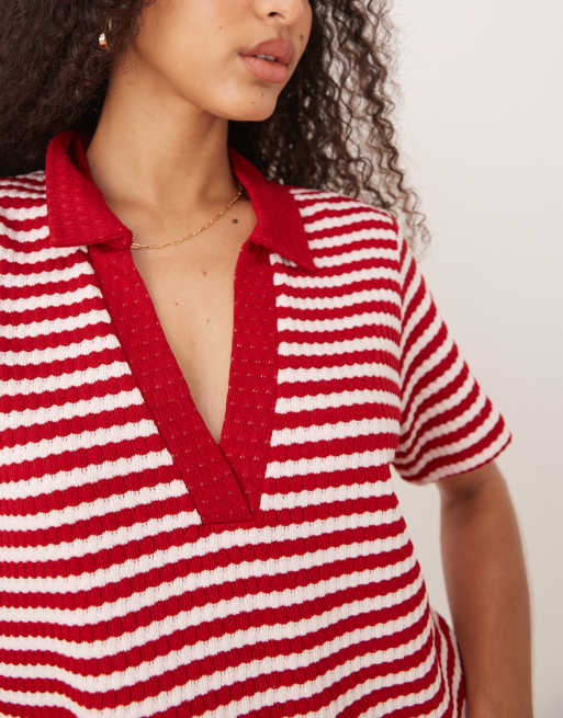ASOS DESIGN - Rød og hvid strikket croptop med polokrave og striber - Del af sæt, 3 af 4