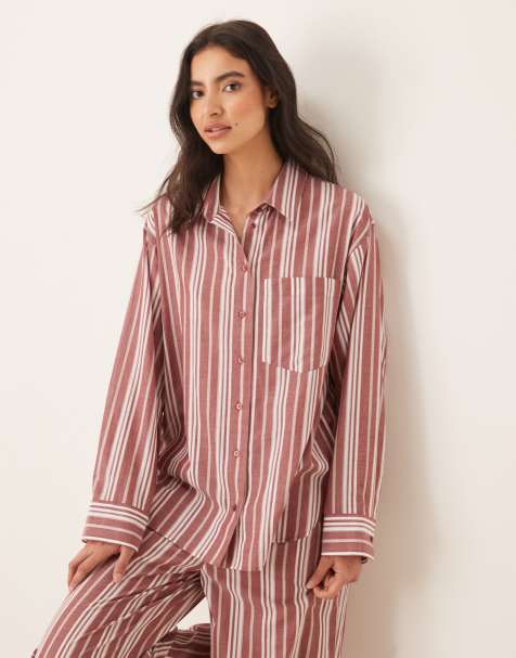 ASOS DESIGN - Rød og hvid vævet langærmet pyjamasskjorte med striber - view 1