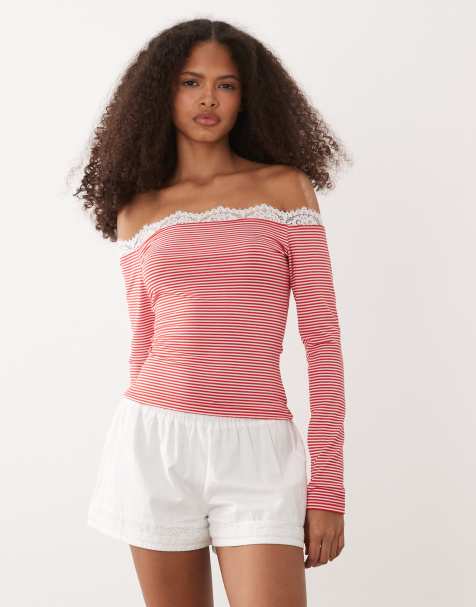 ASOS DESIGN - Rød- og hvidstribet langærmet offshoulder-top med blondekant - view 1