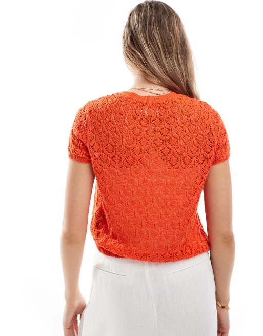 ASOS DESIGN - Rød og kortærmet cardigan i strik med hulsyningsdetaljer, 2 af 4