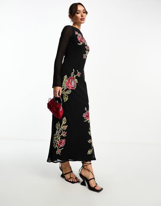 ASOS DESIGN - Rød og langærmet maxikjole med blomsterbroderi, 3 af 4