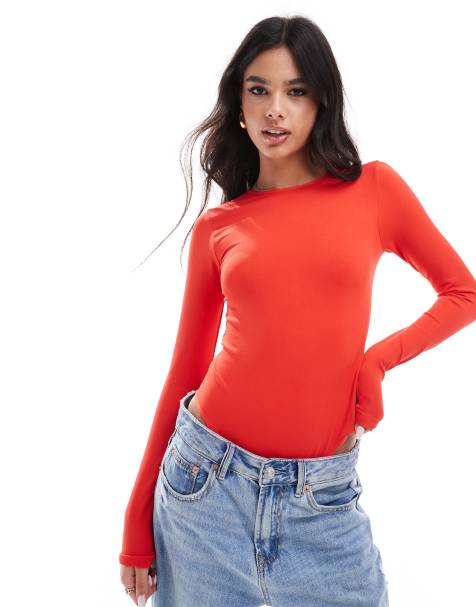 ASOS DESIGN - Rød og sømløs bodystocking med lange ærmer samt rund hals og formgivende effekt - view 1