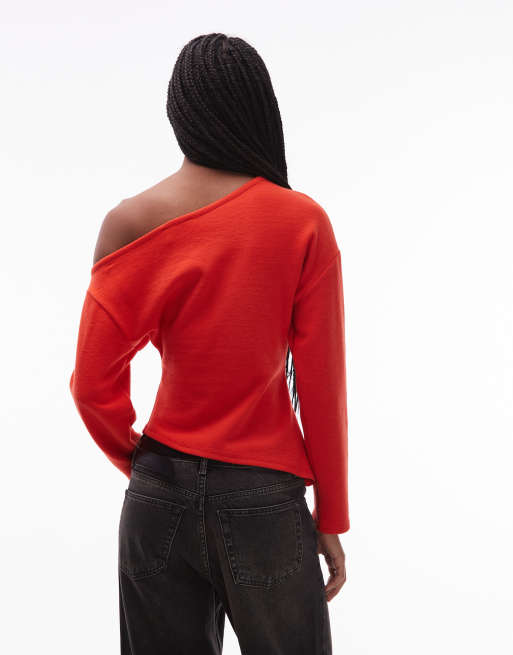 ASOS DESIGN - Rød og superblød offshoulder-top med lange ærmer og korsettalje , 4 af 4